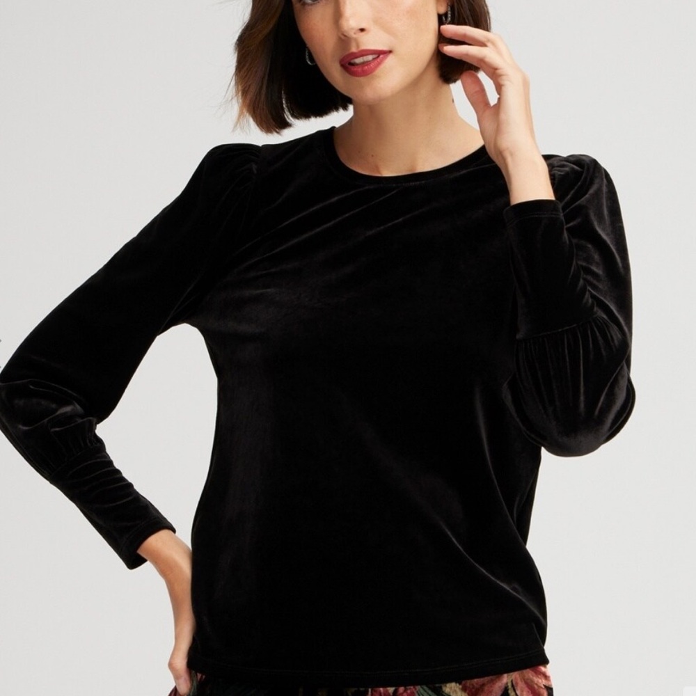 Chicos Velvet Ruched Long Sleeve Top Black Size 4 / XXL